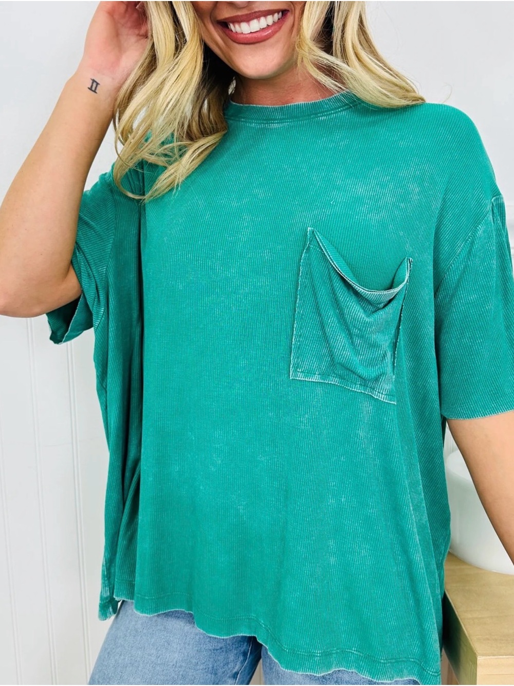Zenana Outfitters Washed Teal Short Sleeve Pocket Tee
